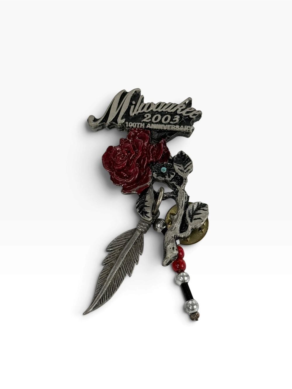 Milwaukee 2003 100th Anniversary Red Rose Feather Dangle Pin Harley Davidson